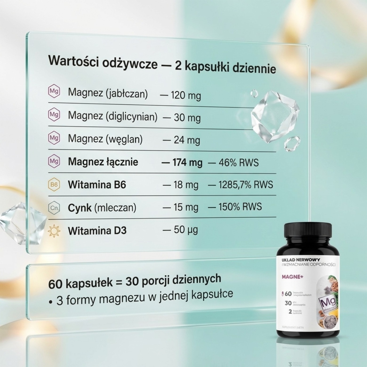Magne+ - 3 Formy Magnezu (jabłczan + diglicynian + węglan) + Witamina B6 + Cynk